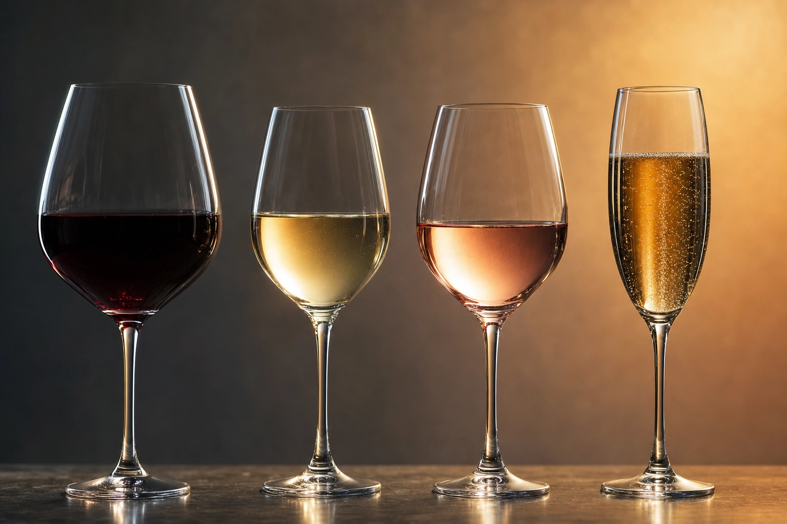 Four wine types side by side: red Bordeaux, white wine, rosé, and sparkling wine in their proper glasses