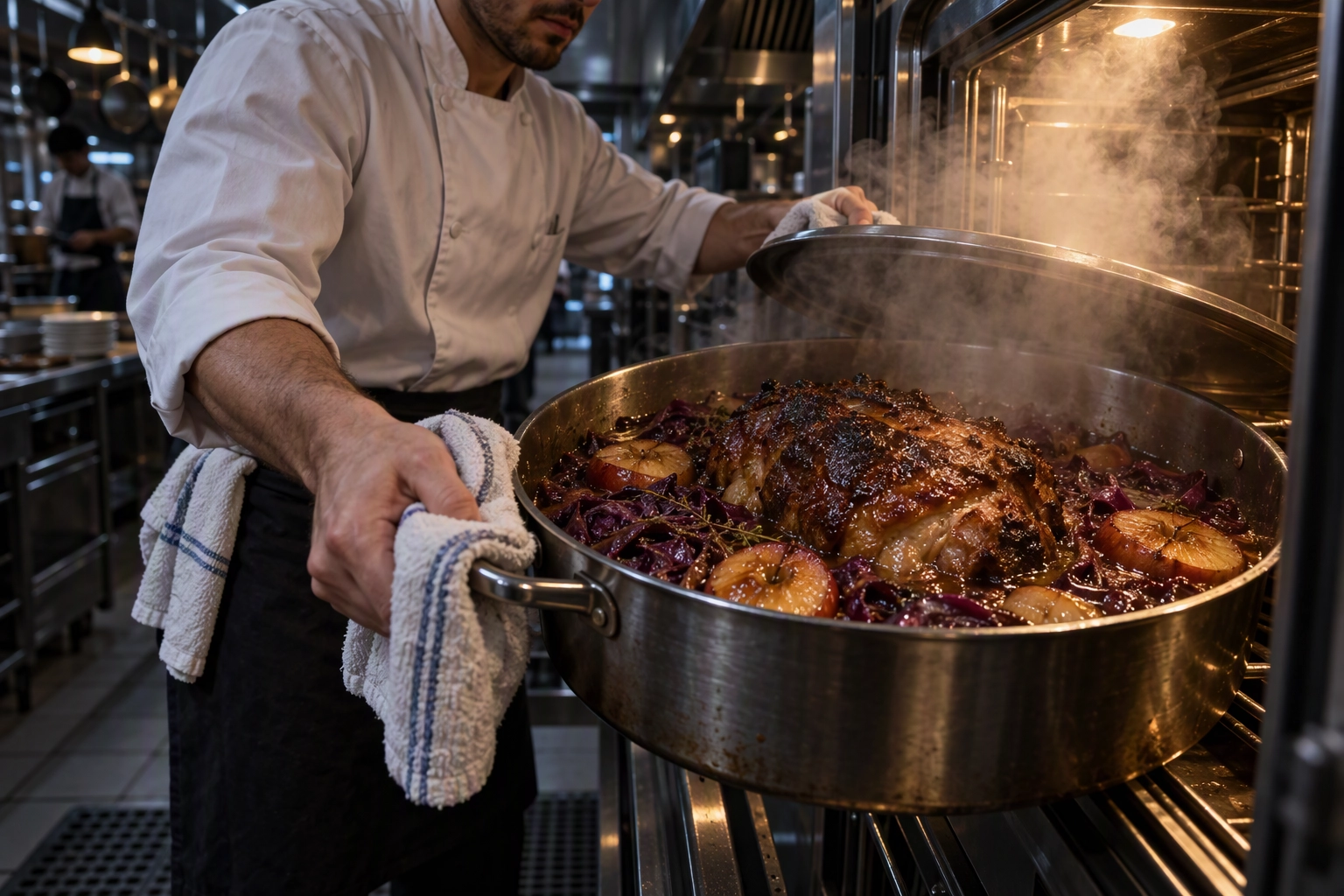 Cook lifting a rondeau of cider-braised pork shoulder with apples and cabbage from an oven, a winter braise for menus