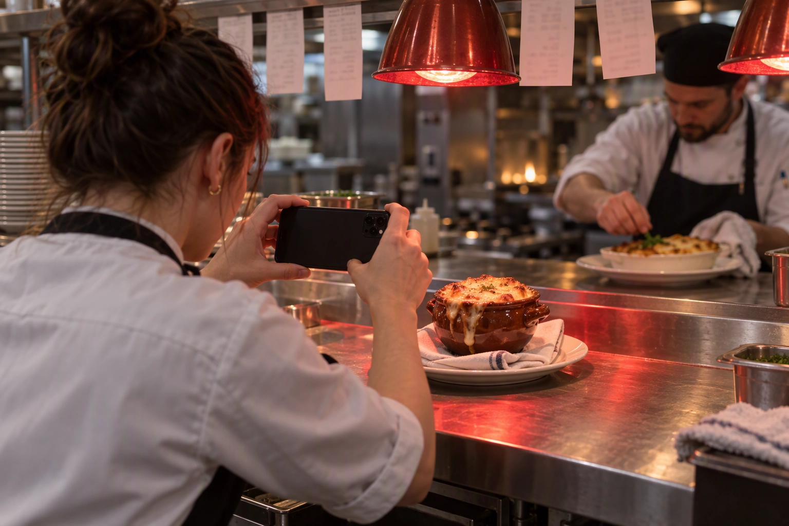 Cook photographing a French onion soup winter special with a phone at the pass before adding it to delivery app menus