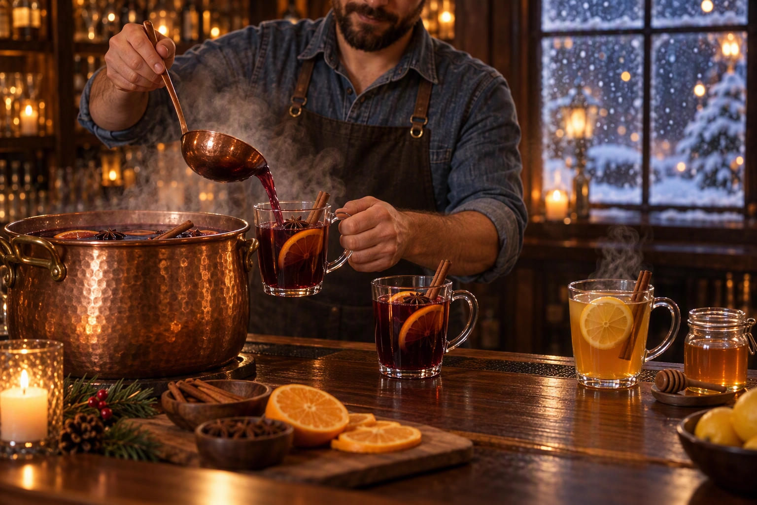 Bartender ladling mulled wine into glass mugs beside a hot toddy with lemon on a dark bar, a high-margin winter drink special
