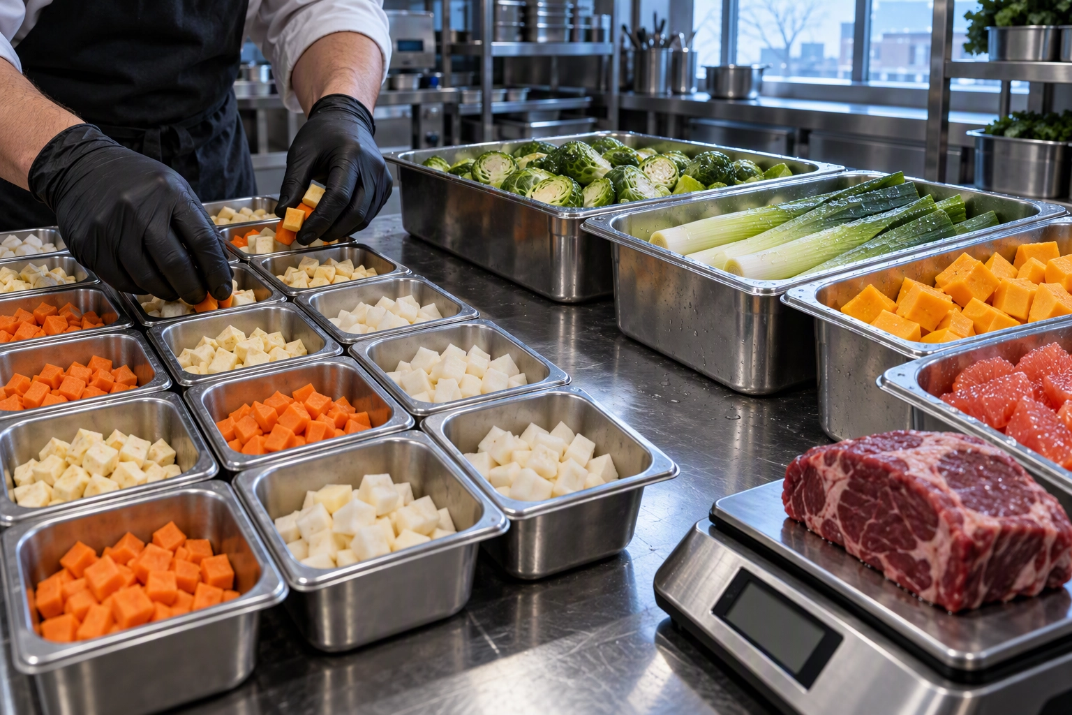 Cook portioning diced parsnips, carrots, turnips and Brussels sprouts into pans, winter produce that keeps plate cost low