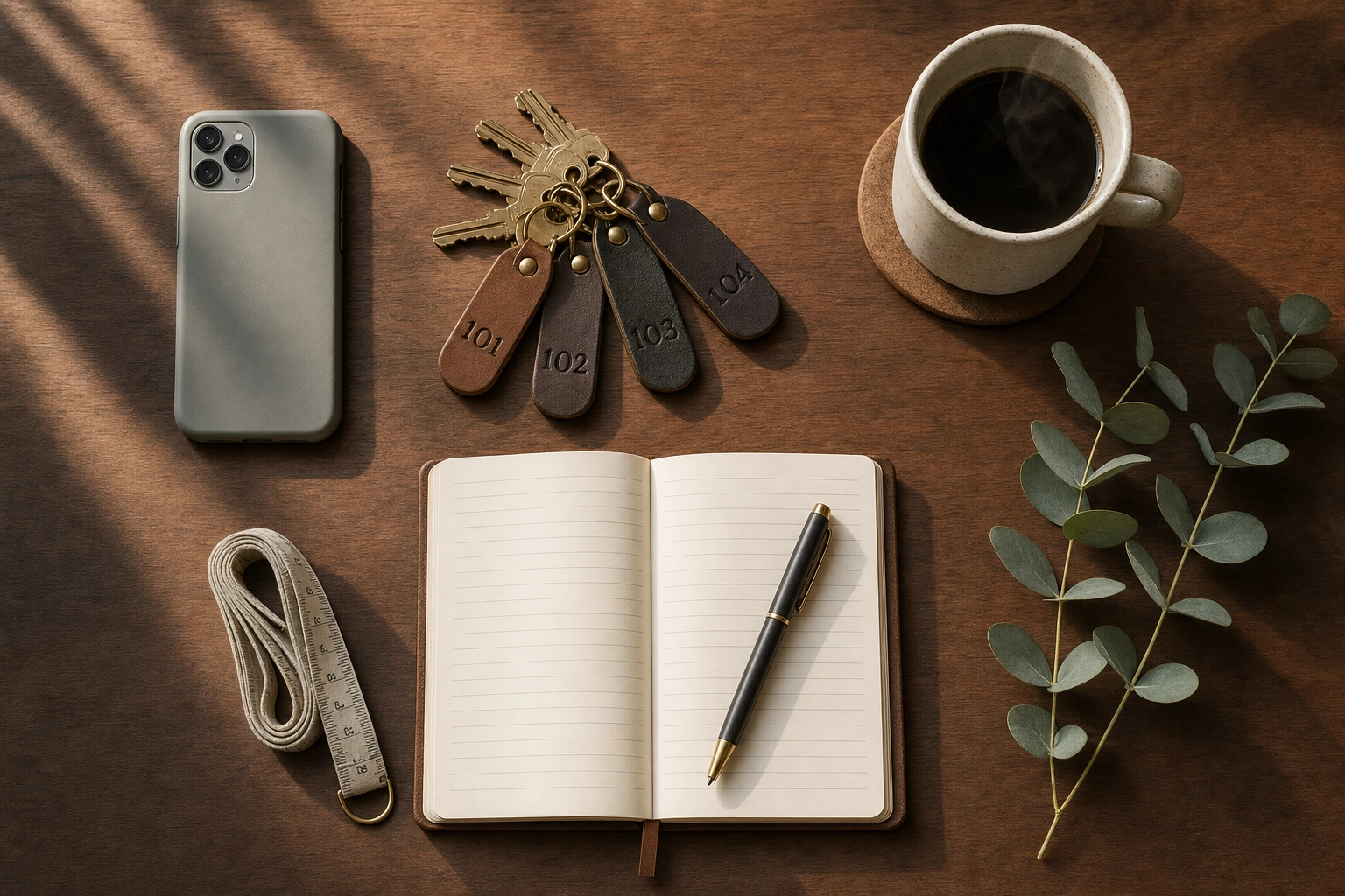Overhead flat-lay of an Airbnb host's desk with keys for multiple units, phone, and notebook for a consistent workflow