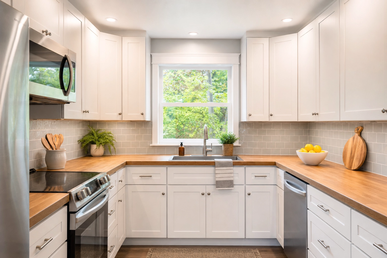 Bright, color-corrected Airbnb kitchen after photo editing with true-white cabinets and a clear window view