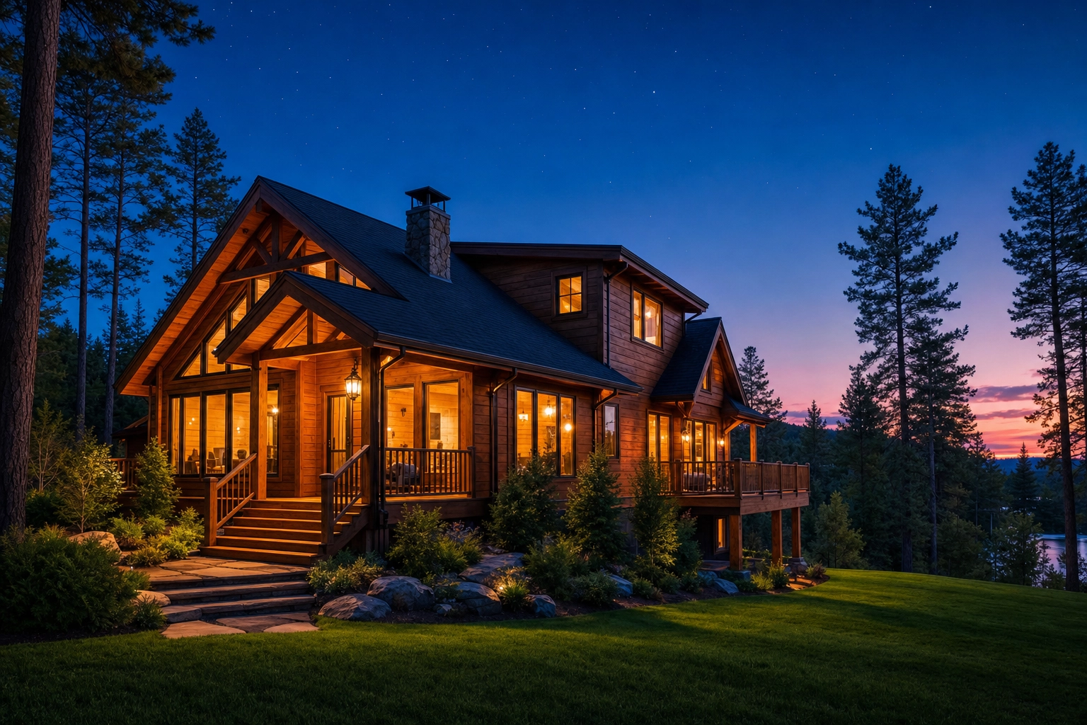 Vacation rental cabin at twilight with warm glowing windows, a day-to-dusk style seasonal listing cover photo