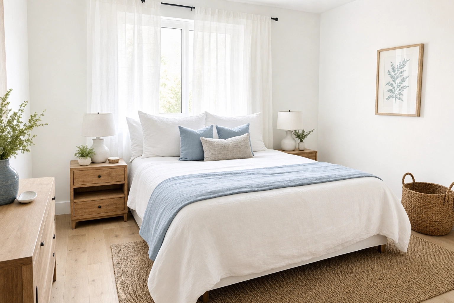 Coastal-style bedroom virtually staged with white linens and blue accents, realistic furniture scale and shadows