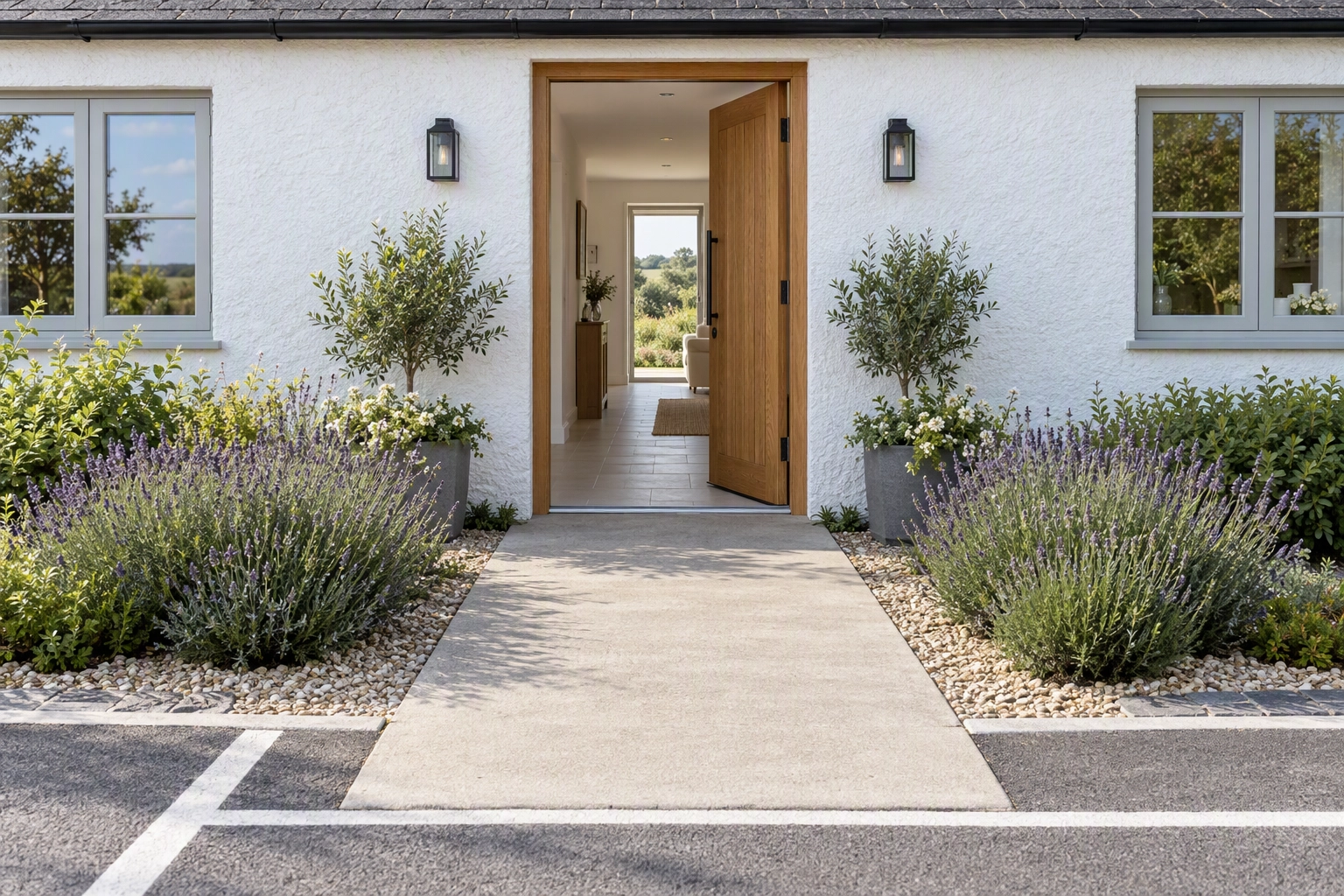 Step-free concrete path to a rental cottage's wide open front door with a flush threshold, an Airbnb accessibility feature photo