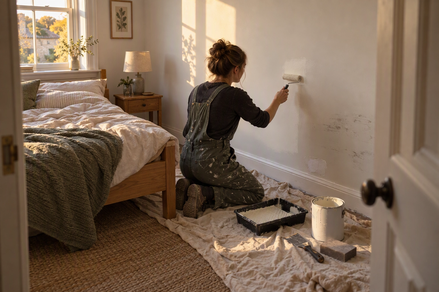 Host repainting a scuffed guest bedroom wall before retaking Airbnb listing photos, fixing the flaw instead of editing it out