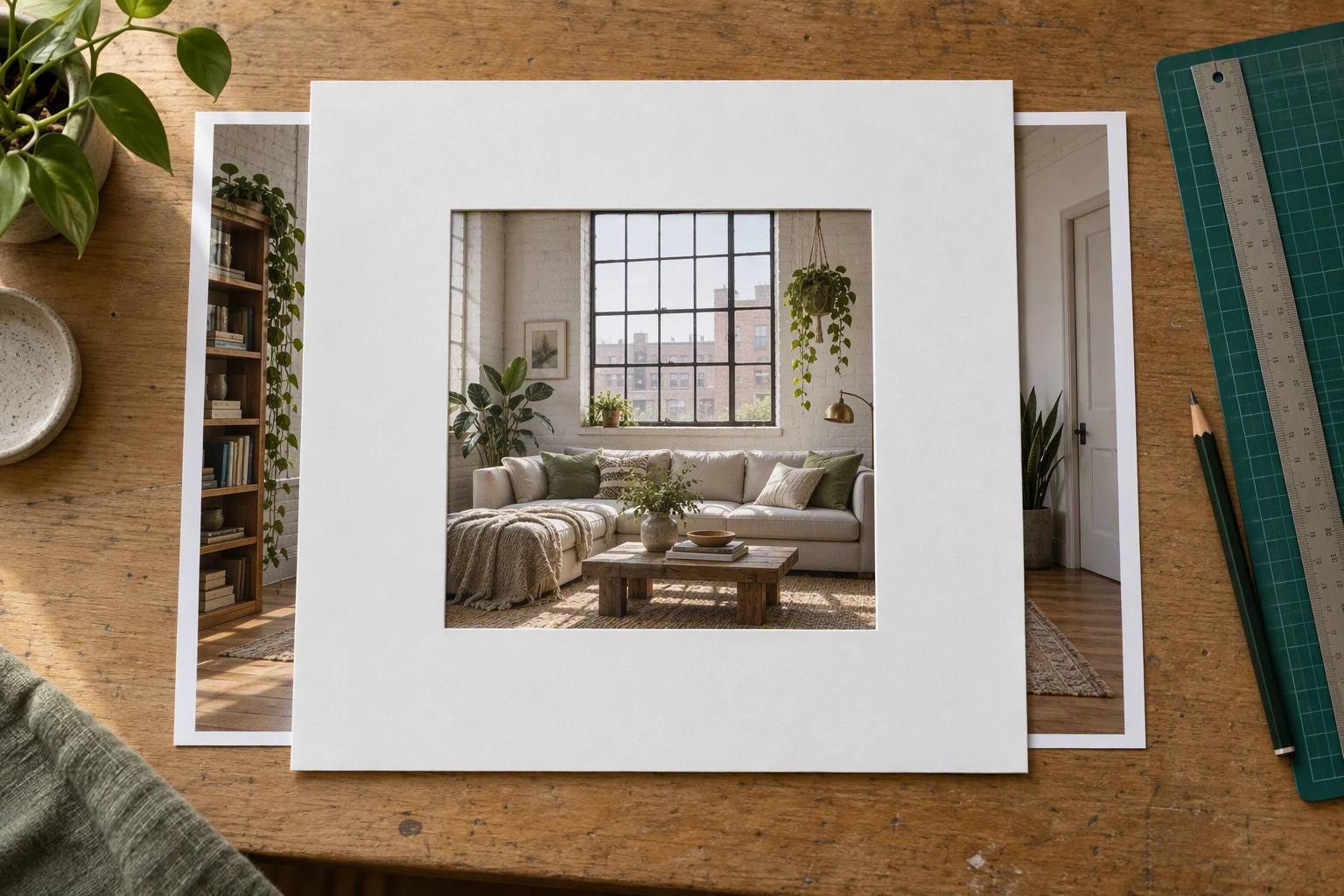 Square white mat laid over a 3:2 landscape print of a loft living room, showing how Airbnb photo size crops to a square