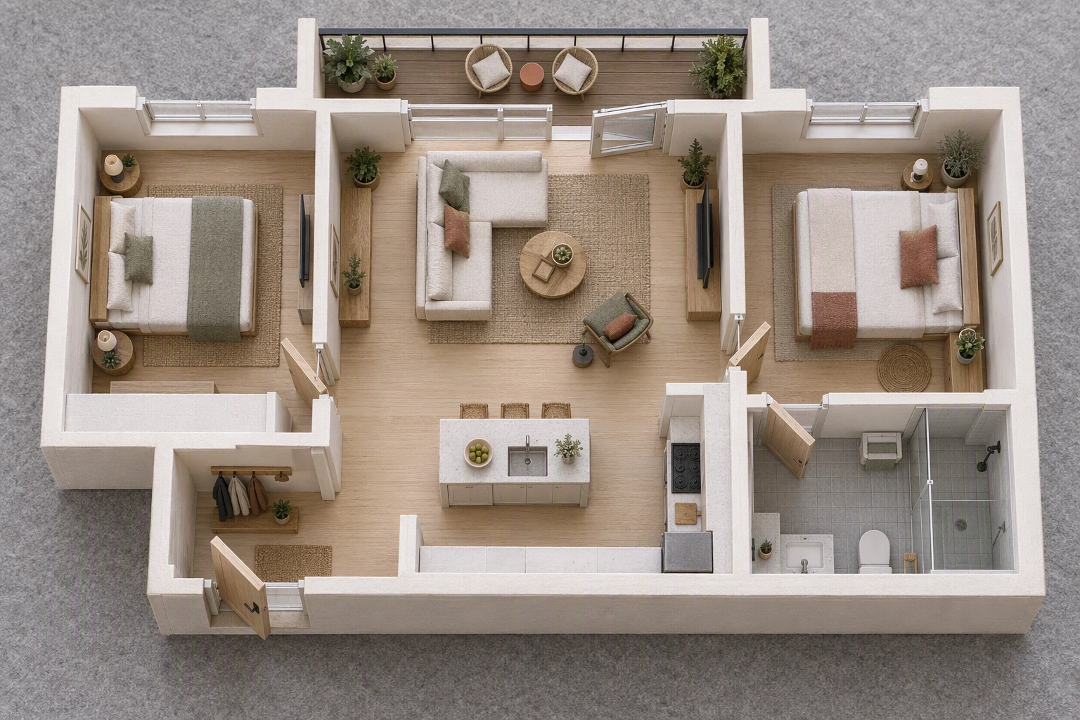 Roofless cutaway scale model of a furnished two-bedroom apartment seen from above, every room an Airbnb photo tour needs to show