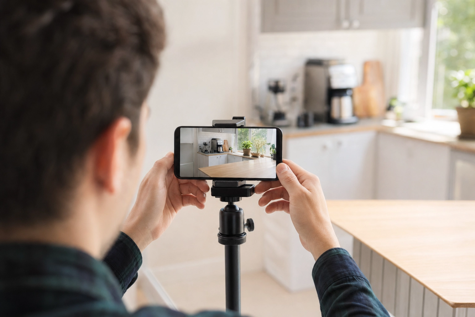 Host using a smartphone on a mini tripod to photograph a bright kitchen, showing phone vs camera Airbnb photography