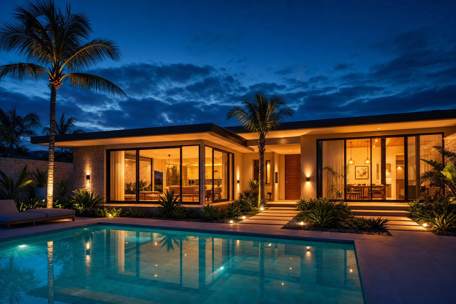 Twilight exterior of a vacation rental with glowing windows and a pool, a seasonal day-to-dusk Airbnb cover photo