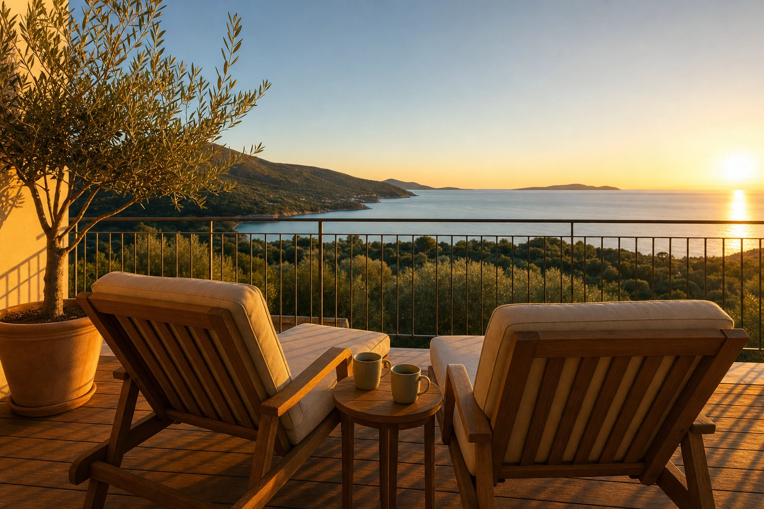 Vacation rental balcony with lounge chairs facing a sea view at golden hour, an example Airbnb outdoor and view photo