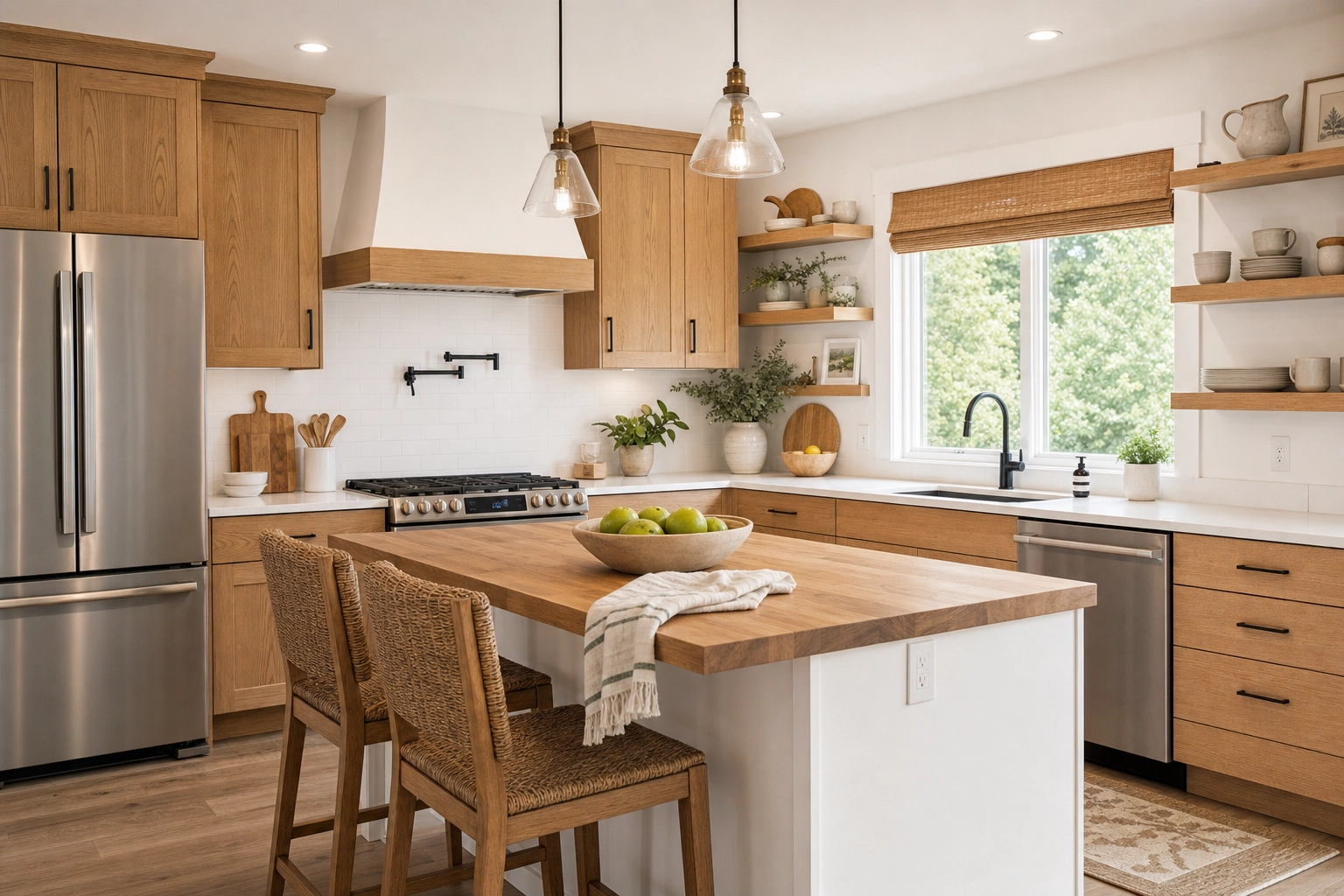 Bright clean vacation rental kitchen with island, stools, and clear counters, an example Airbnb kitchen listing photo