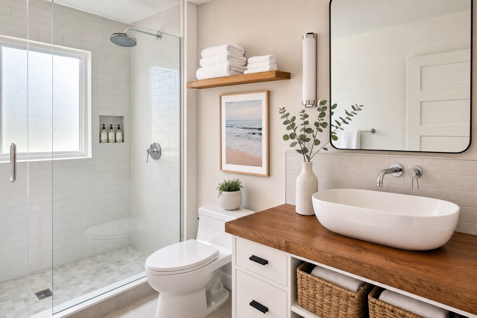 Clean bright vacation rental bathroom with folded towels, shower, and sink, an example Airbnb bathroom listing photo