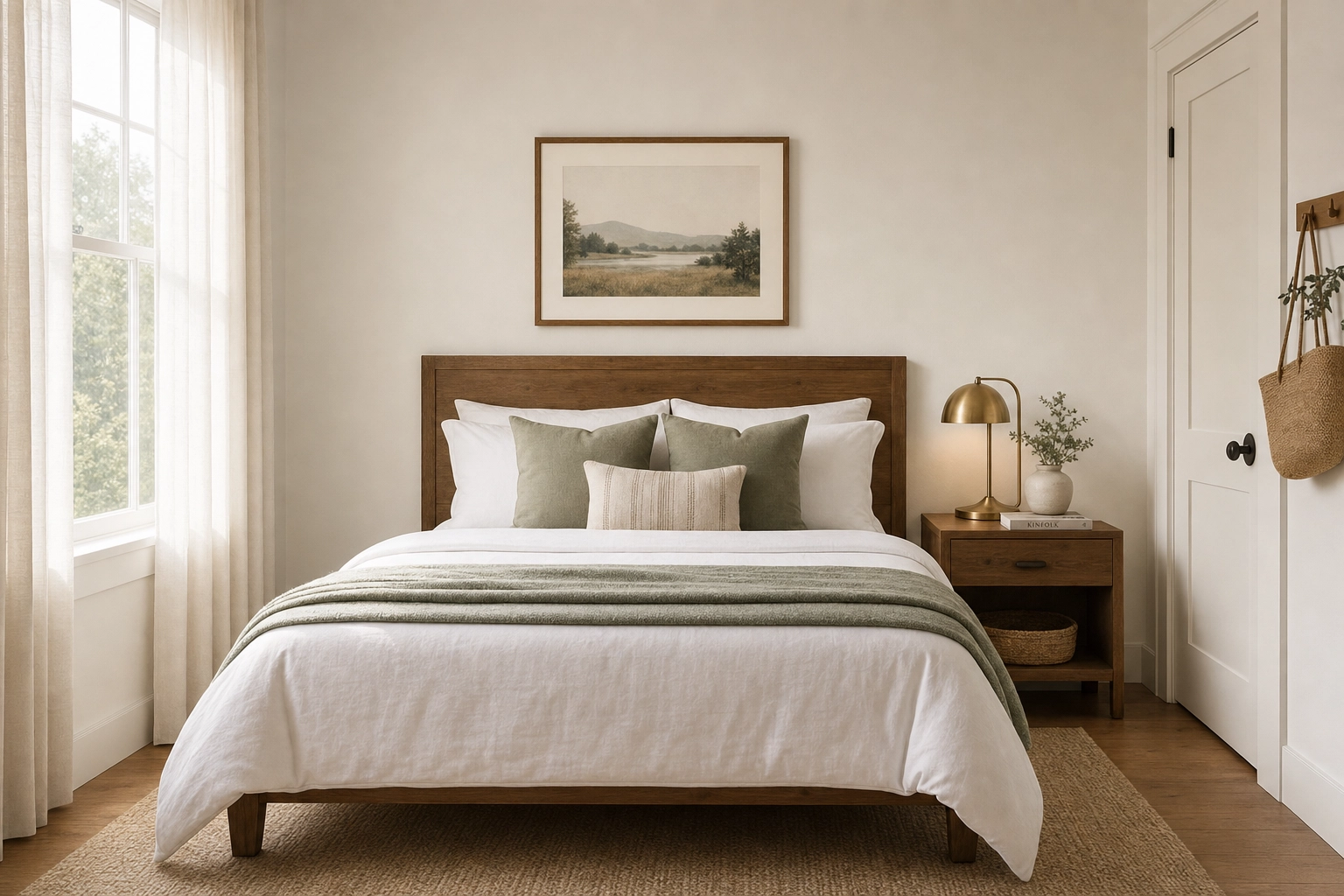 Neatly made vacation rental bedroom with white linens and morning light, an example Airbnb shot list bedroom photo