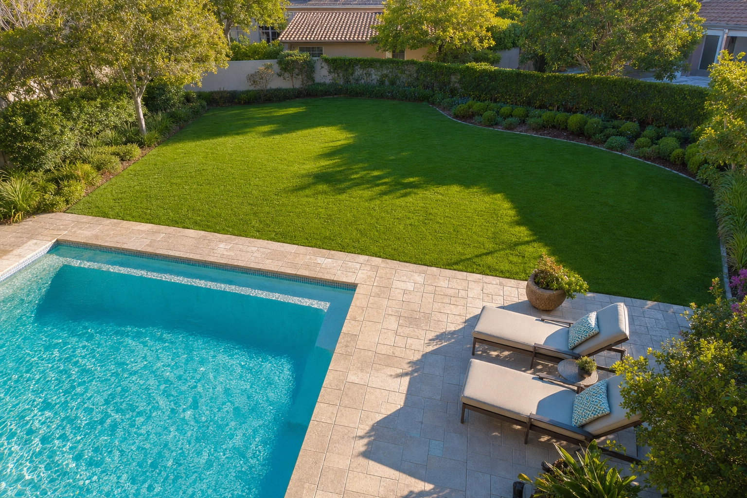Backyard with clear blue pool and lush green lawn showing AI lawn and pool revive for real estate listings