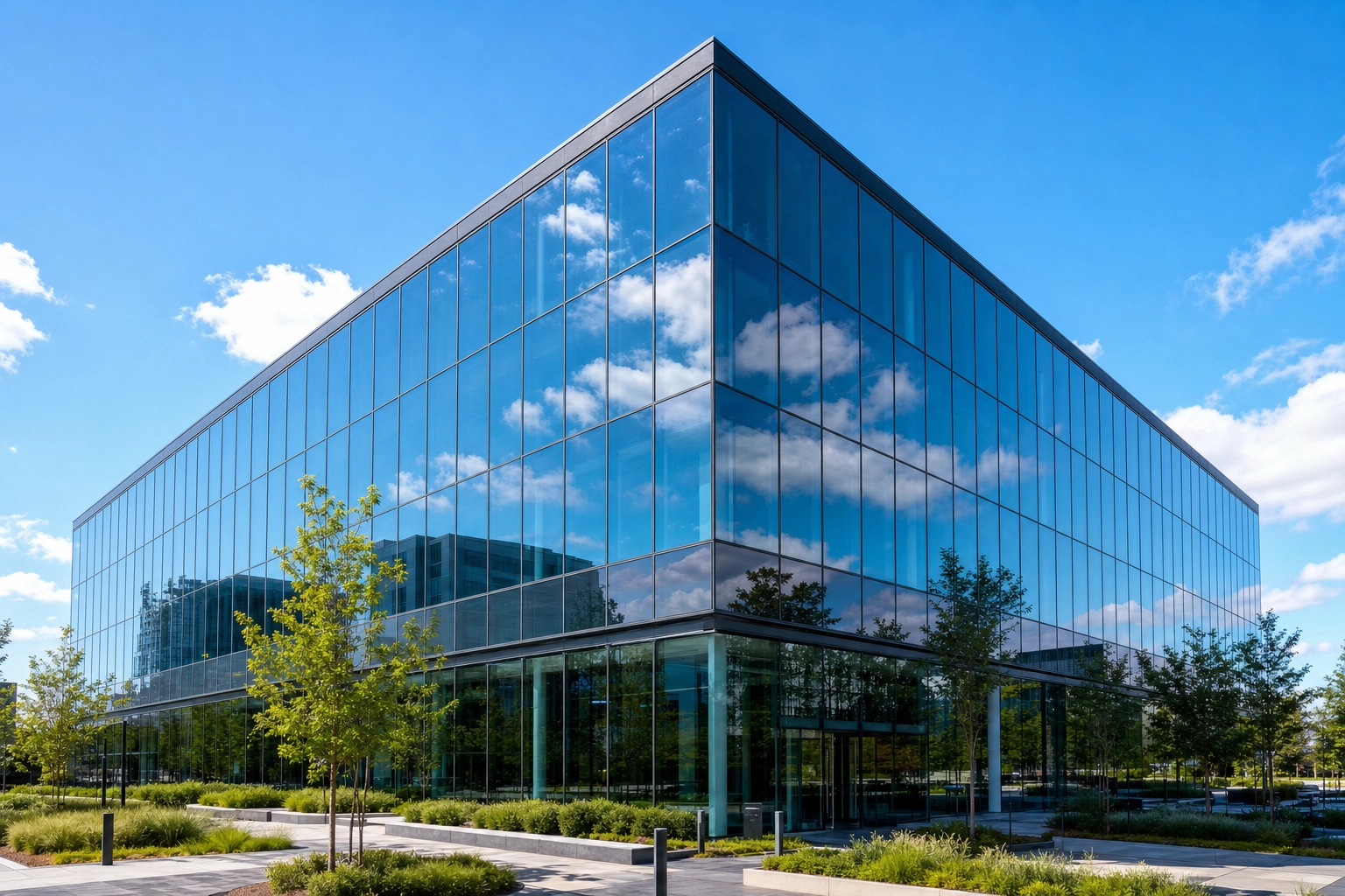 Modern glass commercial office building exterior, AI photo editing for commercial real estate listings