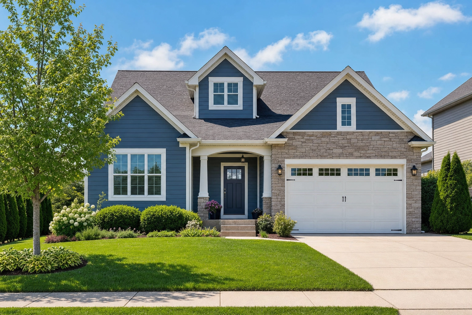 Polished daytime home exterior with blue sky and green lawn, a finished real estate listing photo result