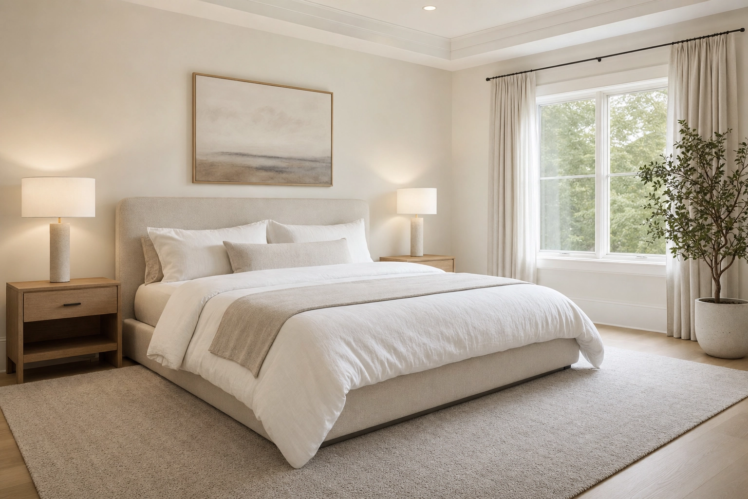Clutter-free staged bedroom with soft light showing object removal for clean real estate listing photos