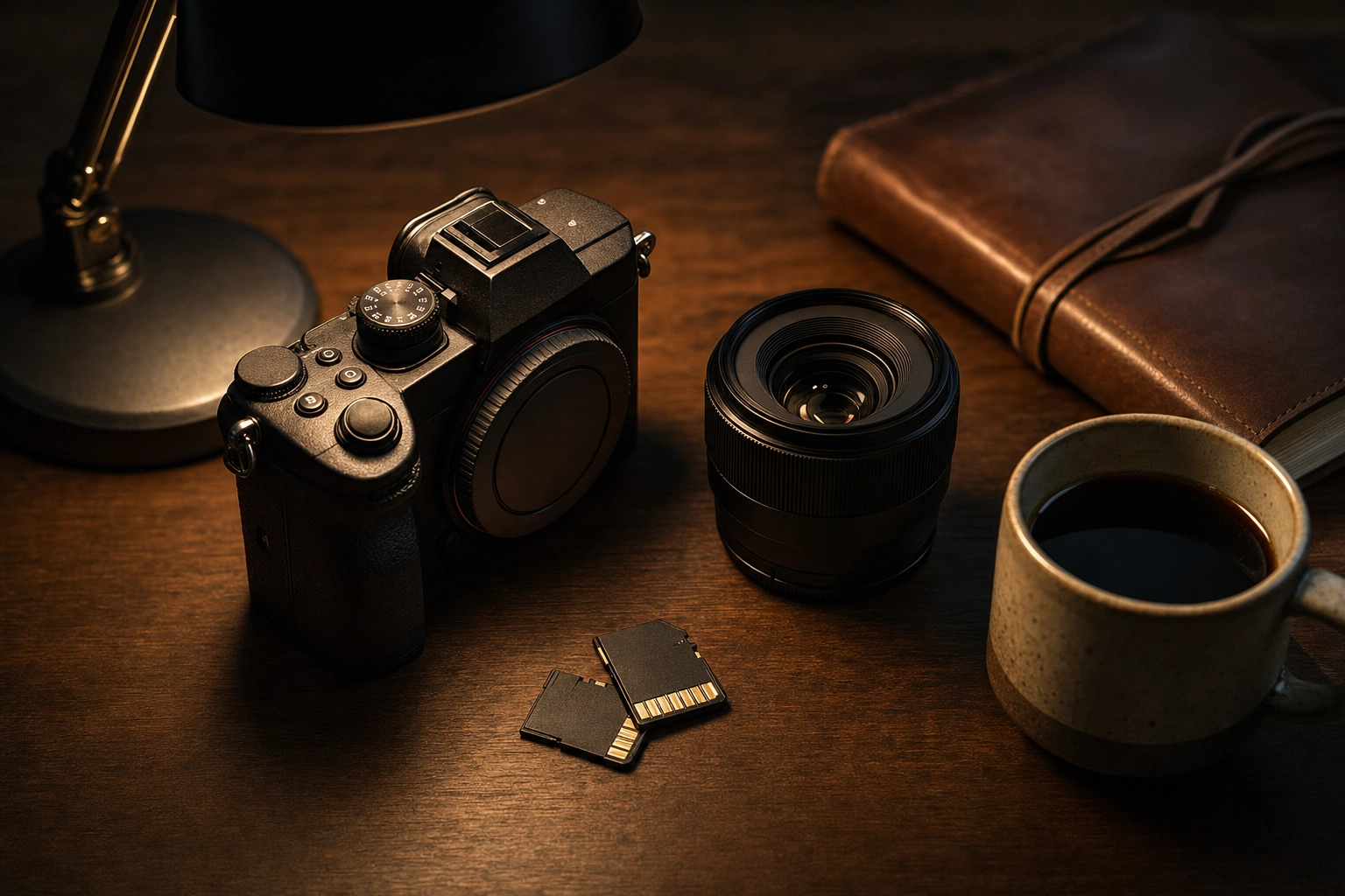 Camera, lens and memory cards on a desk at night representing a real estate photo editing workflow switch
