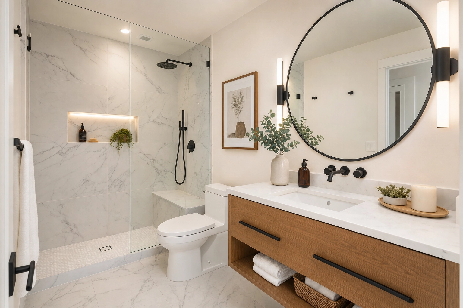 Bright modern bathroom with balanced lighting, an example of enhanced real estate listing photo editing