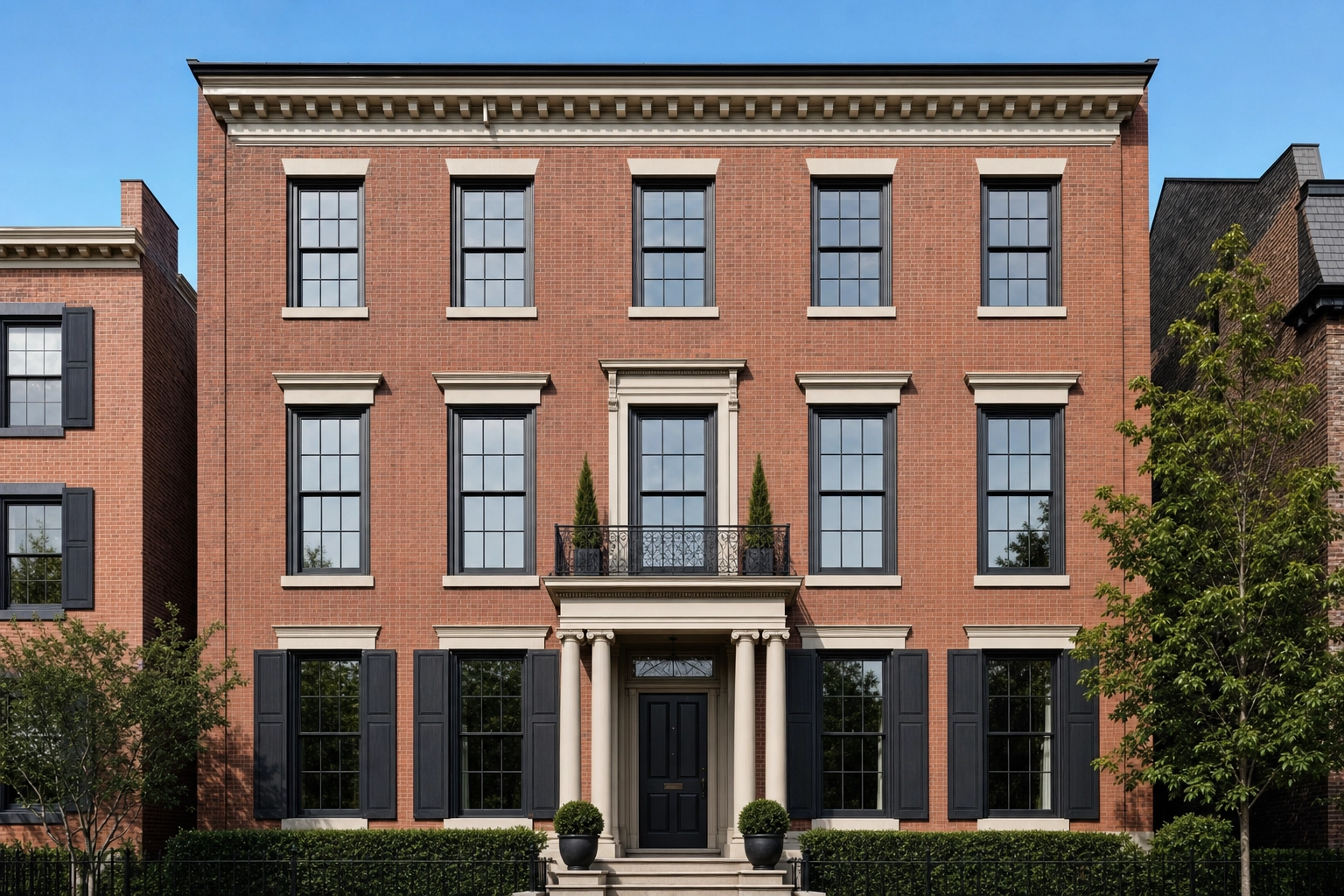 Brick townhouse facade with corrected straight verticals demonstrating perspective fix in real estate photo editing