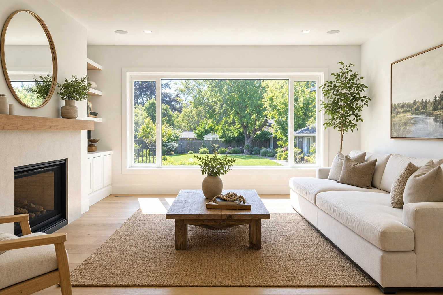 Bright living room with balanced window exposure showing HDR real estate photo enhancement and window pull