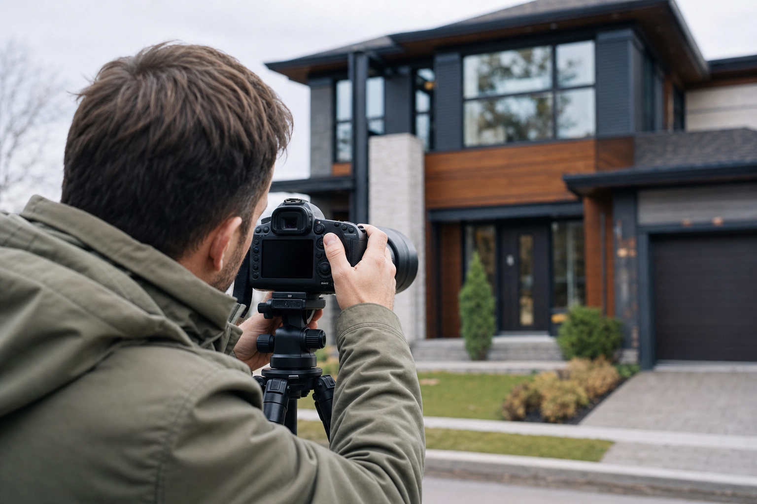 Real estate photographer shooting a home exterior, illustrating when to choose Autoenhance versus Plotpane