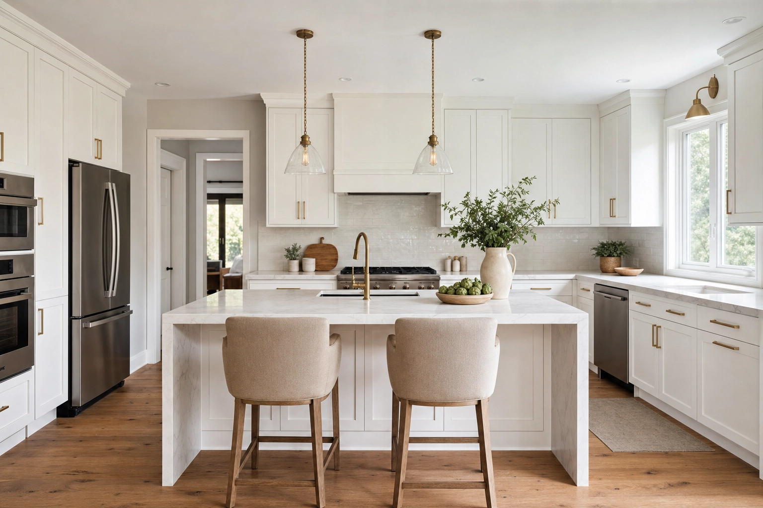 Modern kitchen after AI virtual renovation with new white cabinets and oak flooring for a property listing