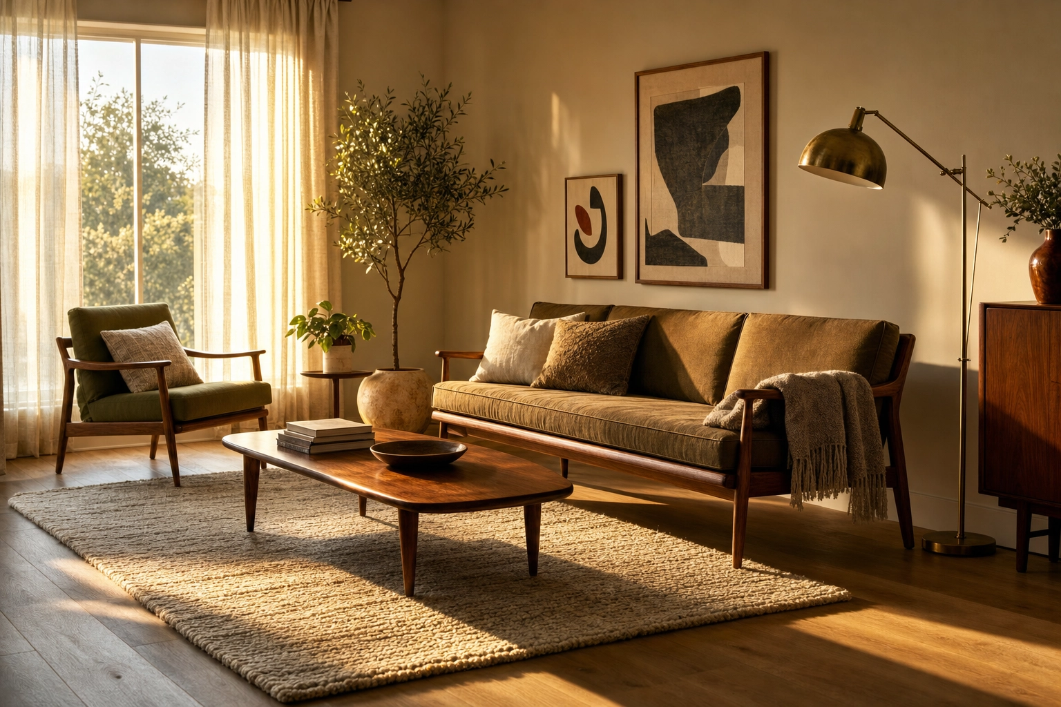 Virtually staged mid-century modern living room with realistic furniture and shadows for a property listing