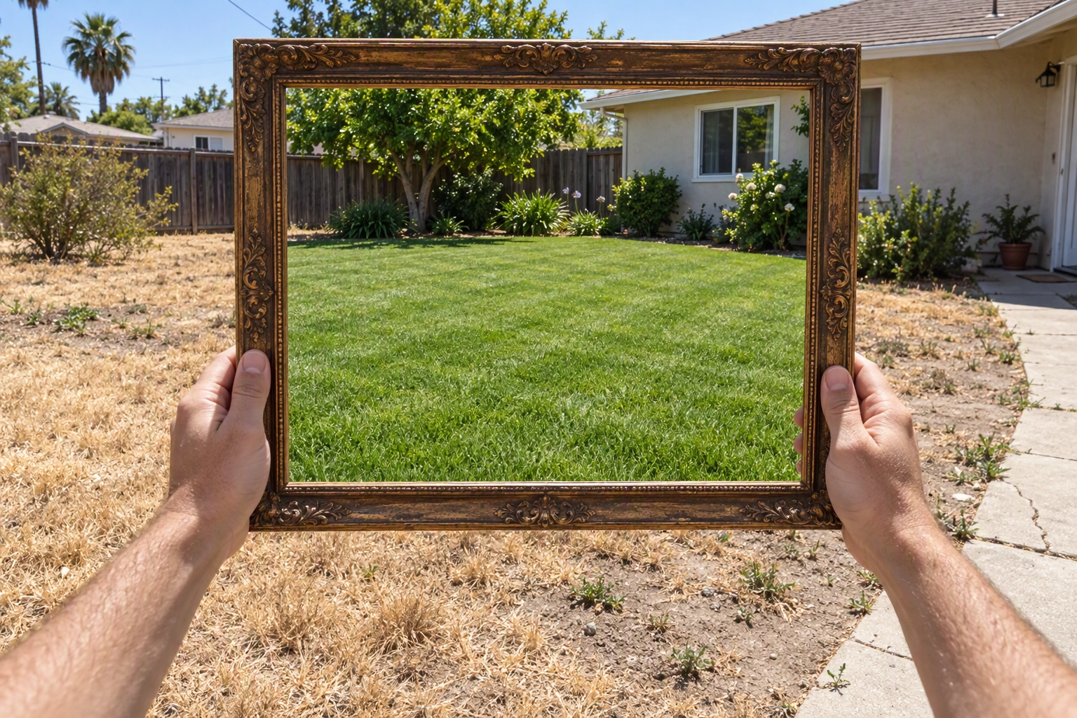 Empty wooden picture frame held up in a backyard, green lawn inside the frame and dry patchy grass outside, showing an AI landscaping edit that needs disclosure