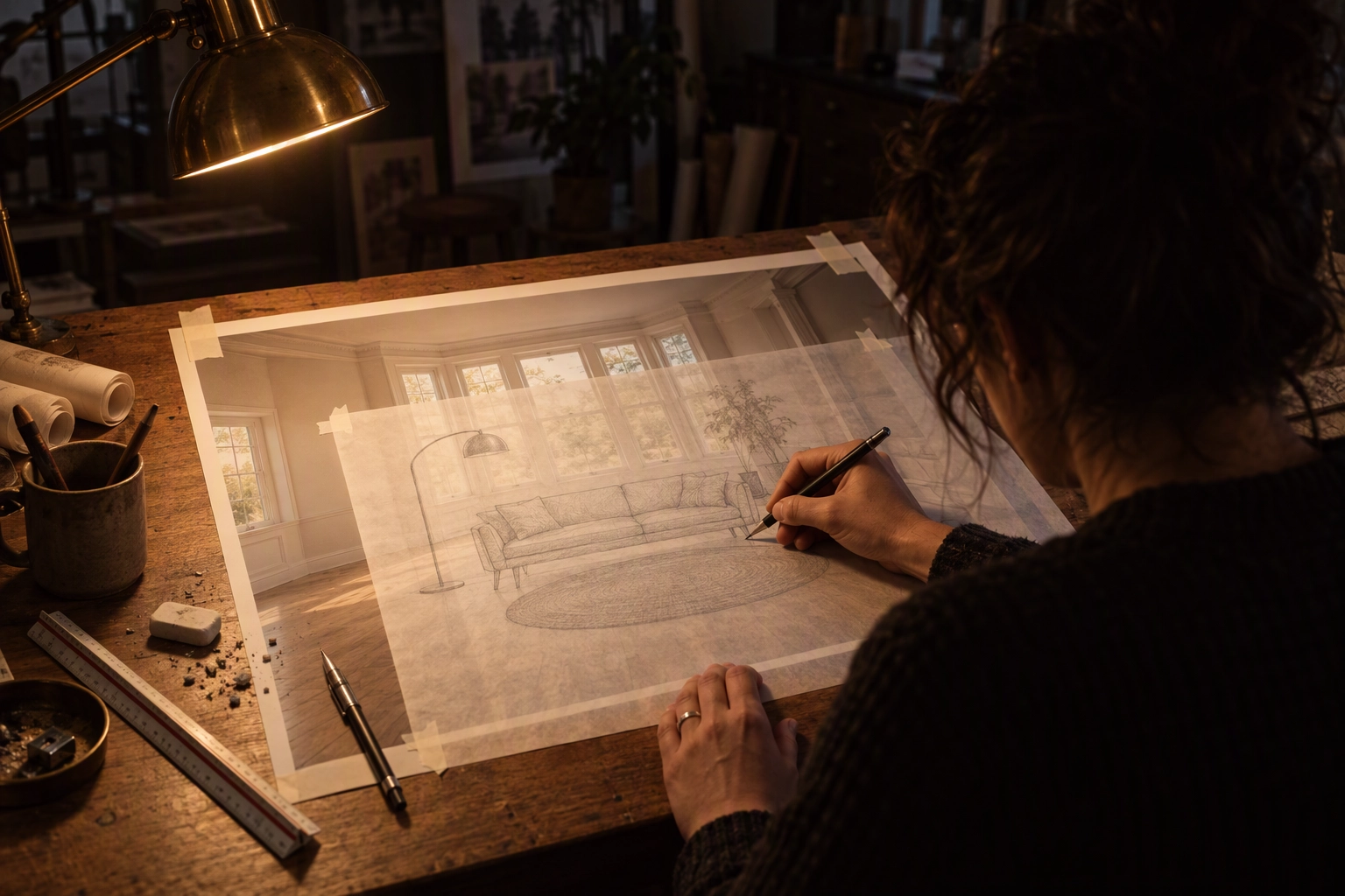 Retoucher sketching a sofa and lamp on tracing paper over a large print of an empty room, the human art direction a real estate editing service sells