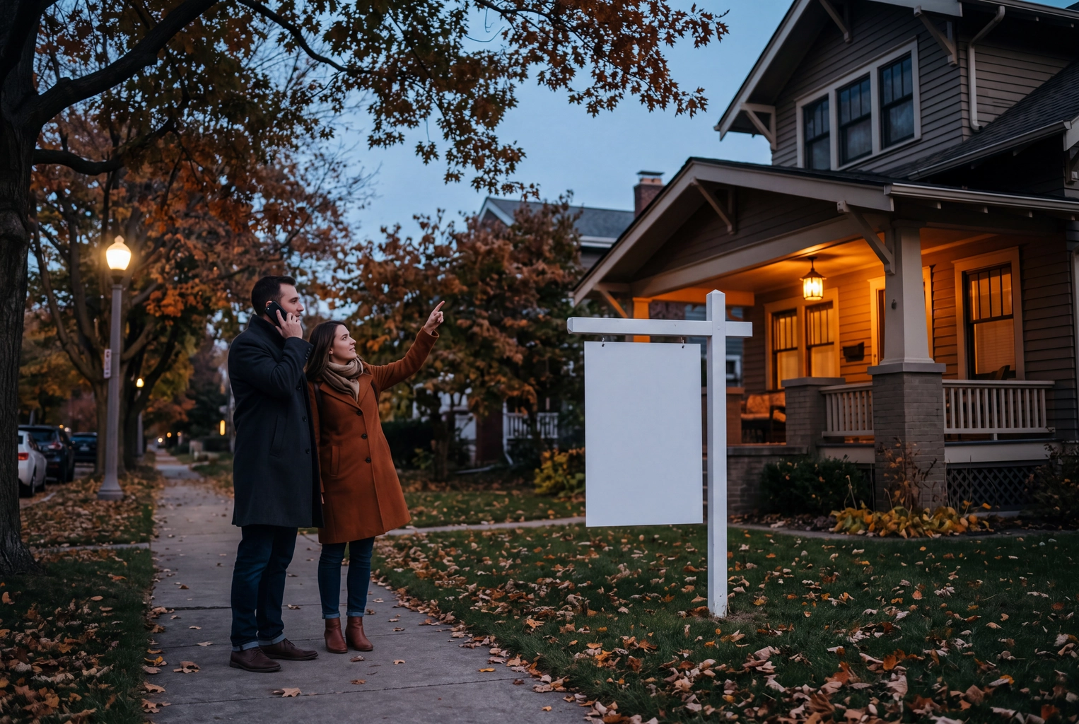 Couple calling about a for-sale house from the sidewalk at dusk, the after-hours lead that AI follow-up tools answer