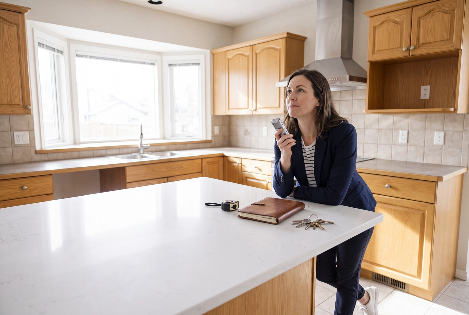 Real estate agent dictating property facts into a voice recorder in an empty kitchen, raw notes for AI listing copy