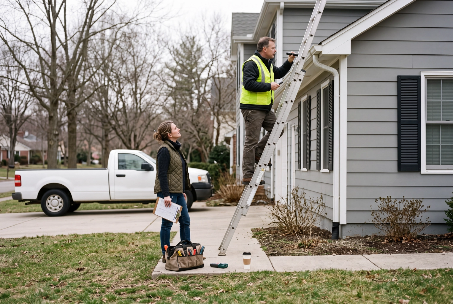 Home inspector on a ladder while the buyer's agent tracks contract deadlines on a clipboard during inspection day