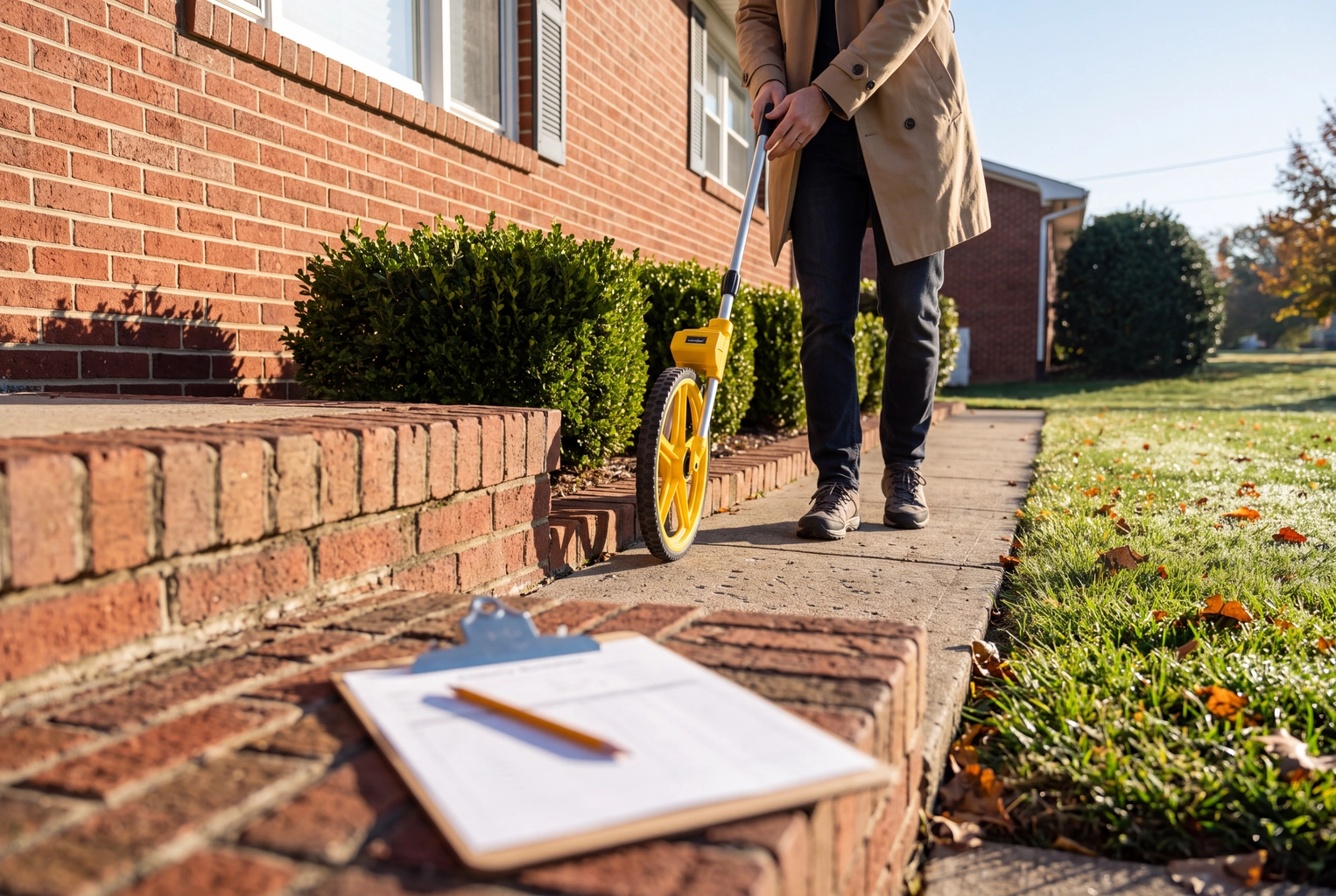 Agent measuring a brick home's exterior with a measuring wheel to correct square footage before running an AI CMA