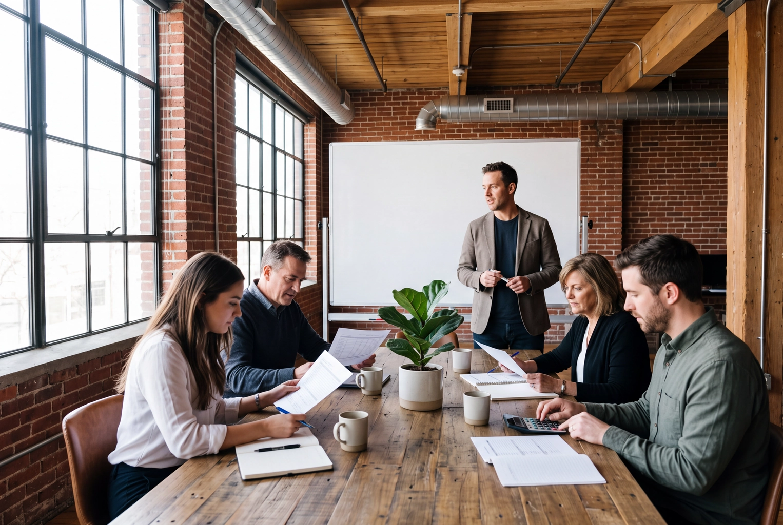 Five-person real estate team comparing the monthly cost of AI tools at a Monday meeting in a warehouse office