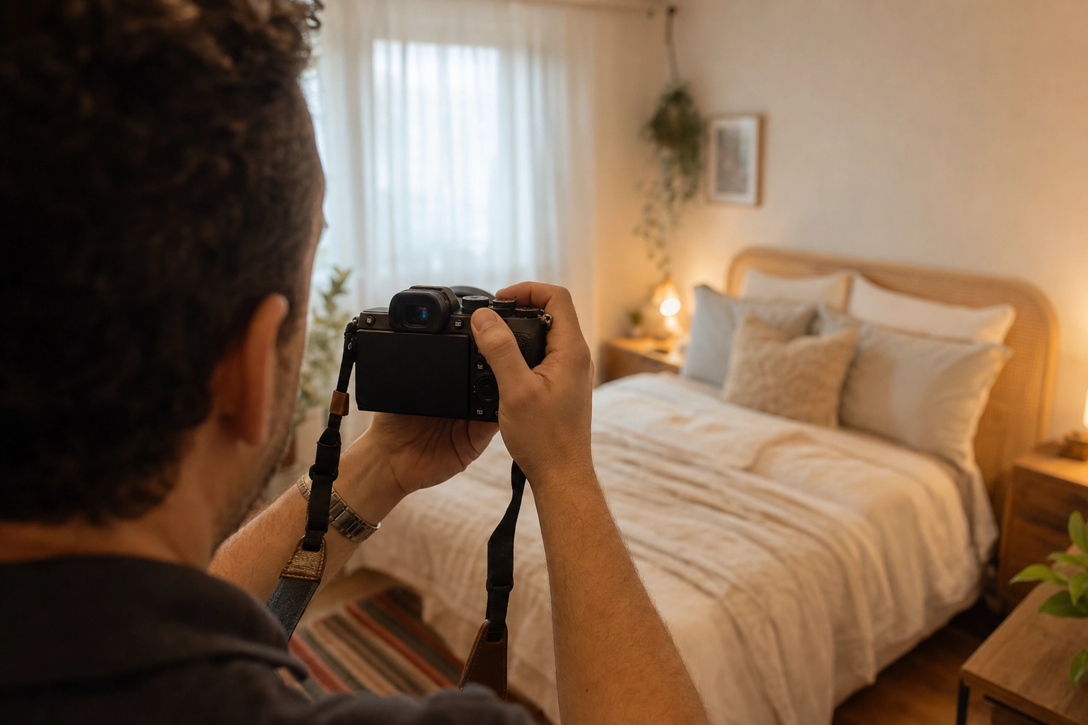 Photographer handholding a compact APS-C mirrorless camera to shoot a cozy, warmly lit bedroom