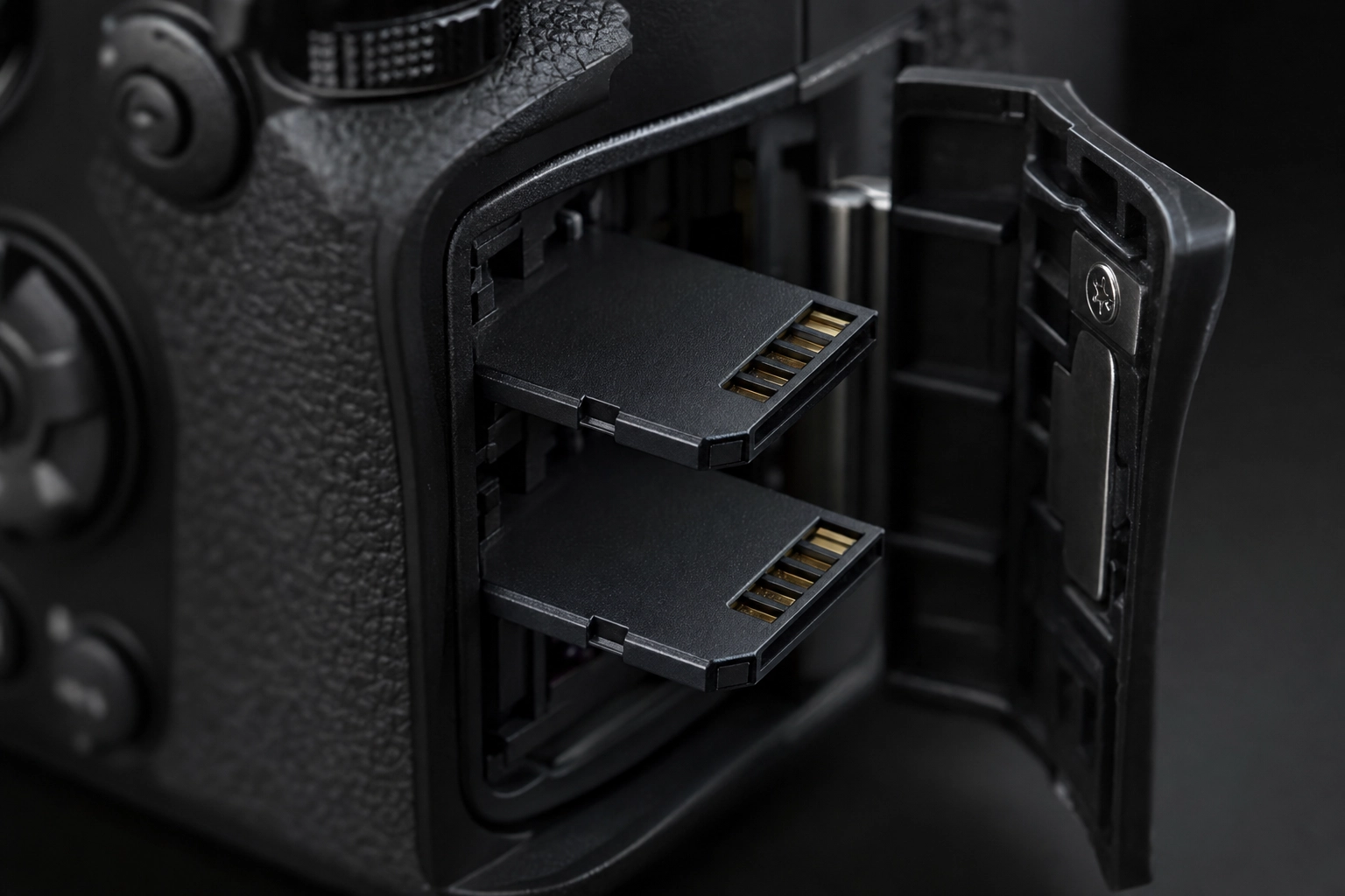 Two SD memory cards inserted into the dual card slots of a mirrorless camera, illustrating in-camera backup
