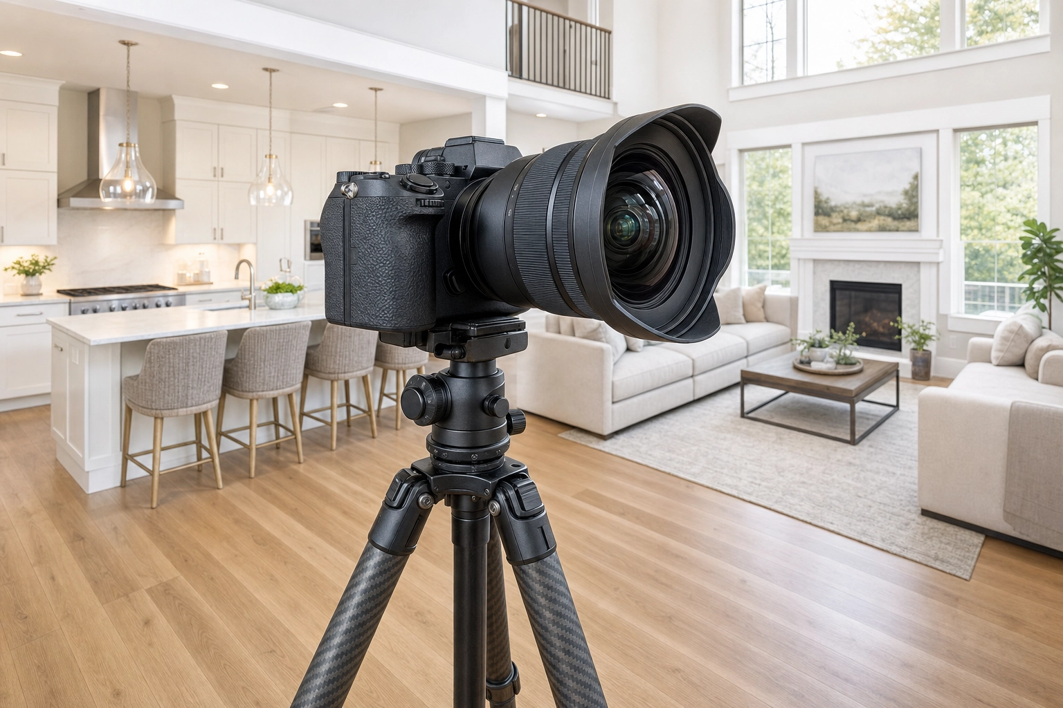 Full-frame mirrorless camera with an ultra-wide lens on a tripod in a bright open-plan kitchen and living room