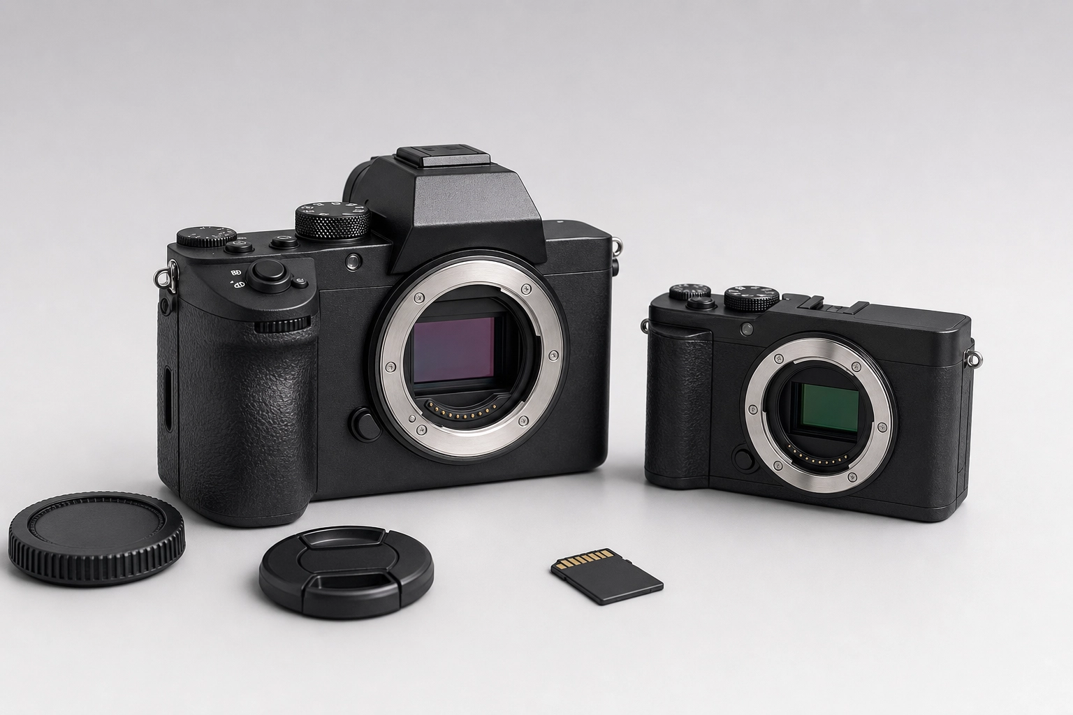 A larger full-frame mirrorless body beside a smaller APS-C crop-sensor body, comparing camera sizes
