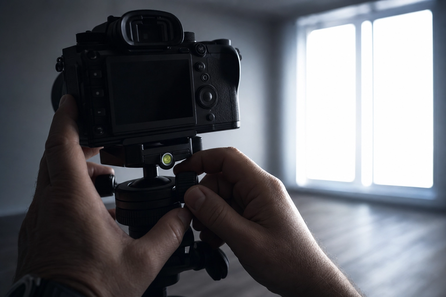 Photographer leveling a camera on a tripod beside a bright window, showing the dynamic range gap in interiors