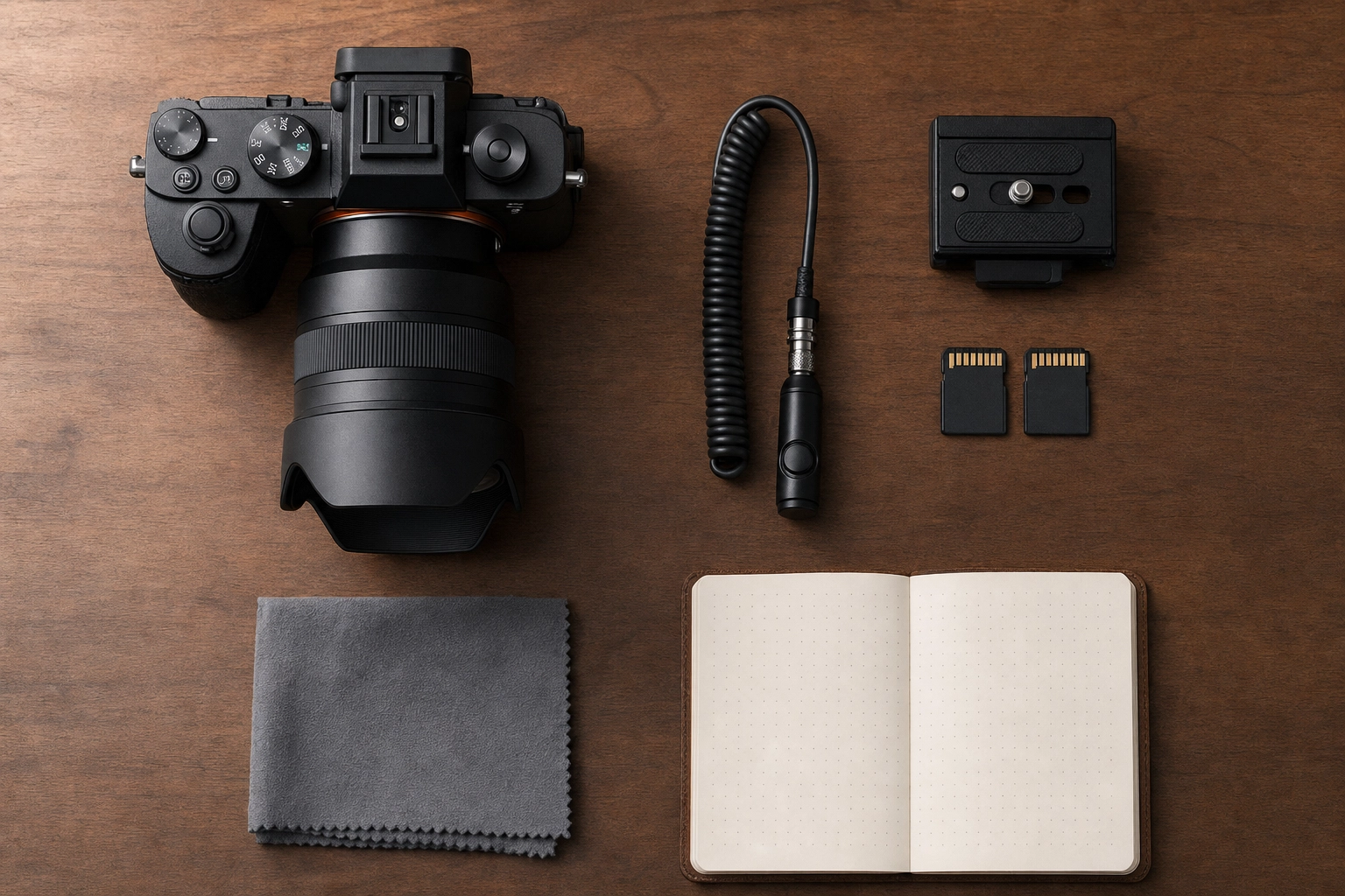 Overhead flat-lay of a real estate camera kit: camera, wide-angle lens, cable release, tripod plate, and SD cards