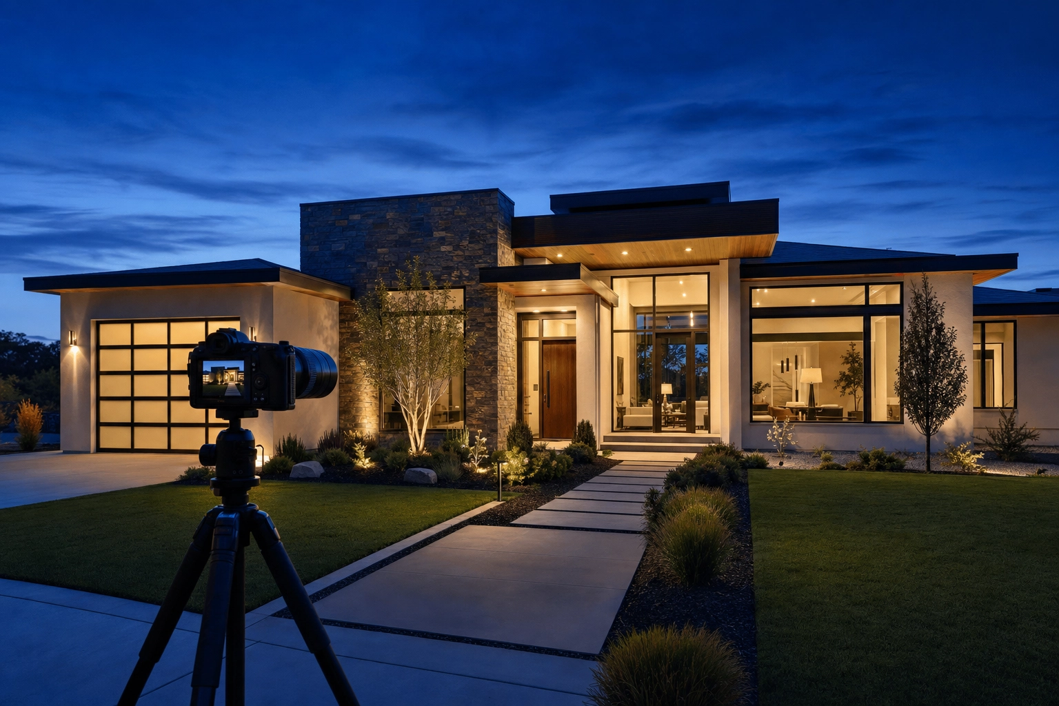 Camera on a tripod photographing a modern home exterior at blue-hour dusk with glowing windows
