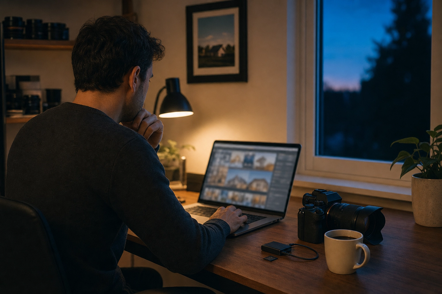 Real estate photographer reviewing listing photos on a laptop during an evening post-shoot editing session