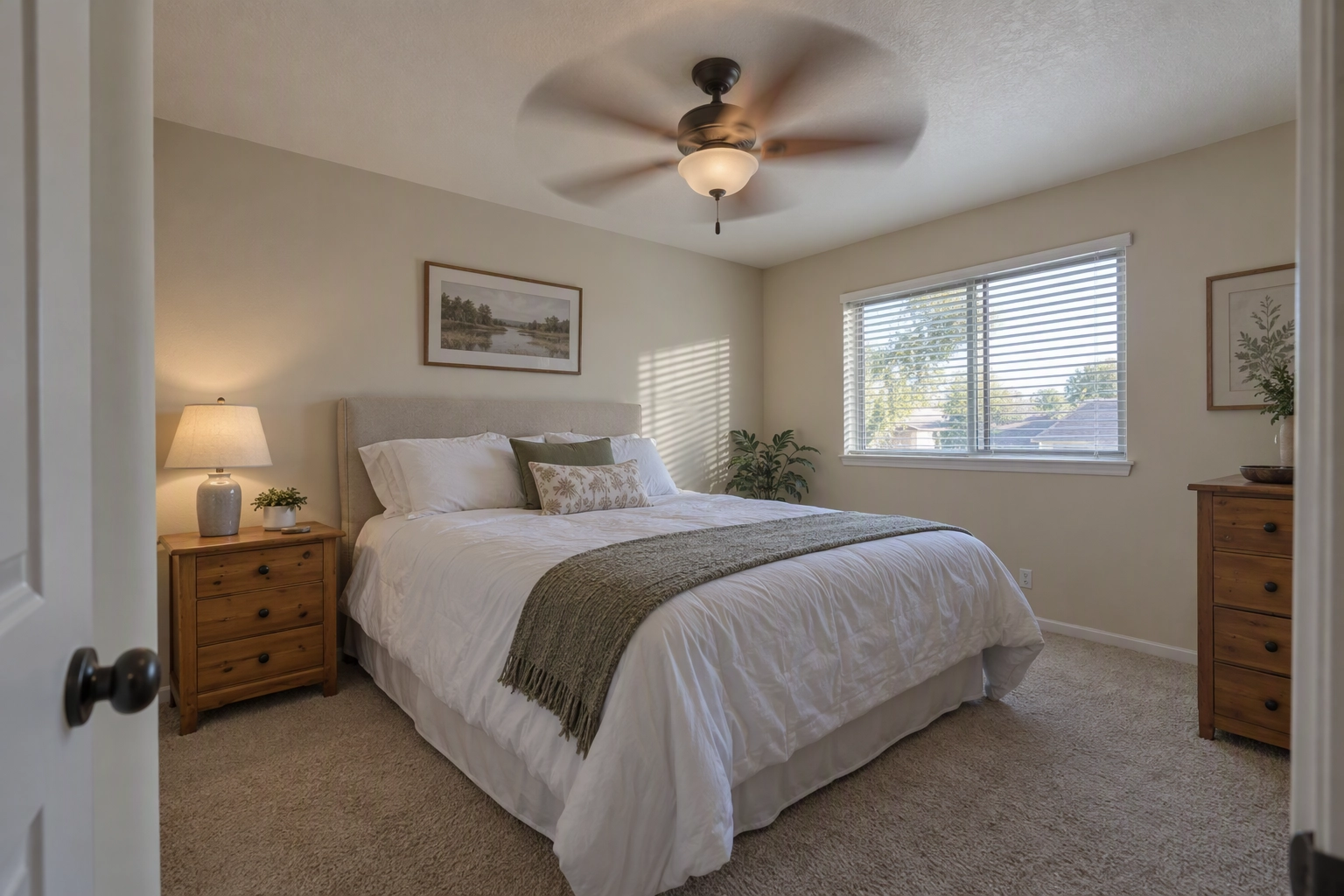 Bedroom listing photo with a blurred spinning ceiling fan, a capture flaw no real estate photo editing software can fix