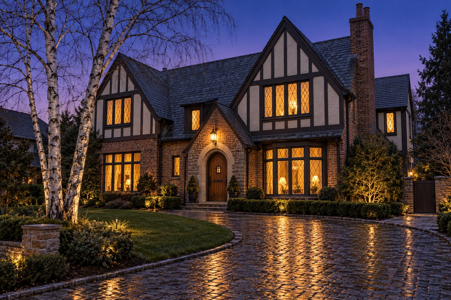 Tudor revival house at blue hour with warm amber windows, the twilight cover an AI finishing step adds to a listing