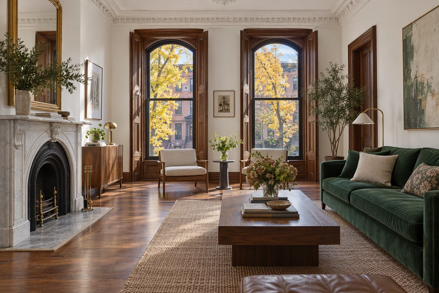 Brownstone parlor with tall arched windows showing autumn street trees, both room and view exposed like a clean HDR merge