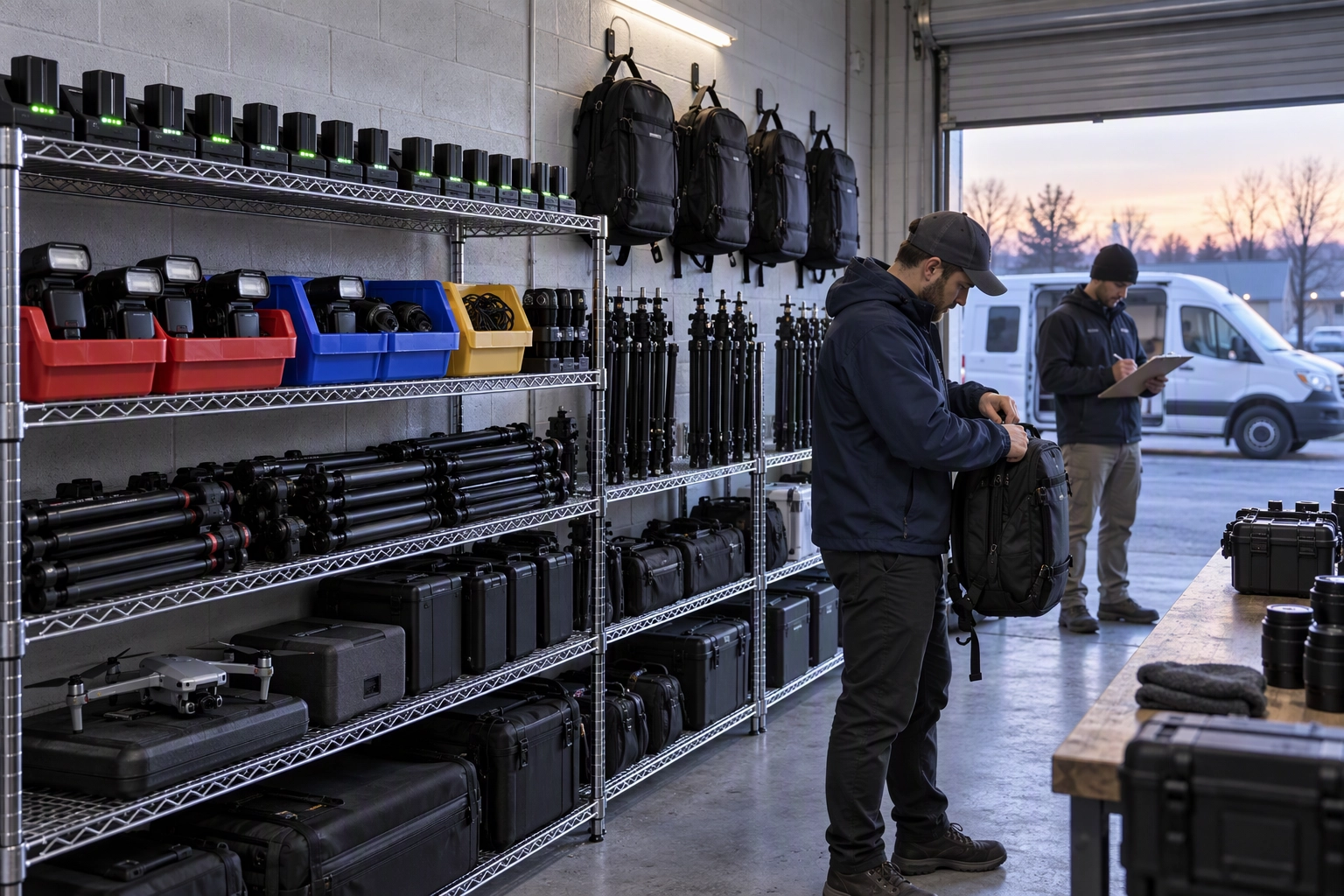Real estate media company gear room with charging batteries and bins of tripods and flashes for several shoot crews