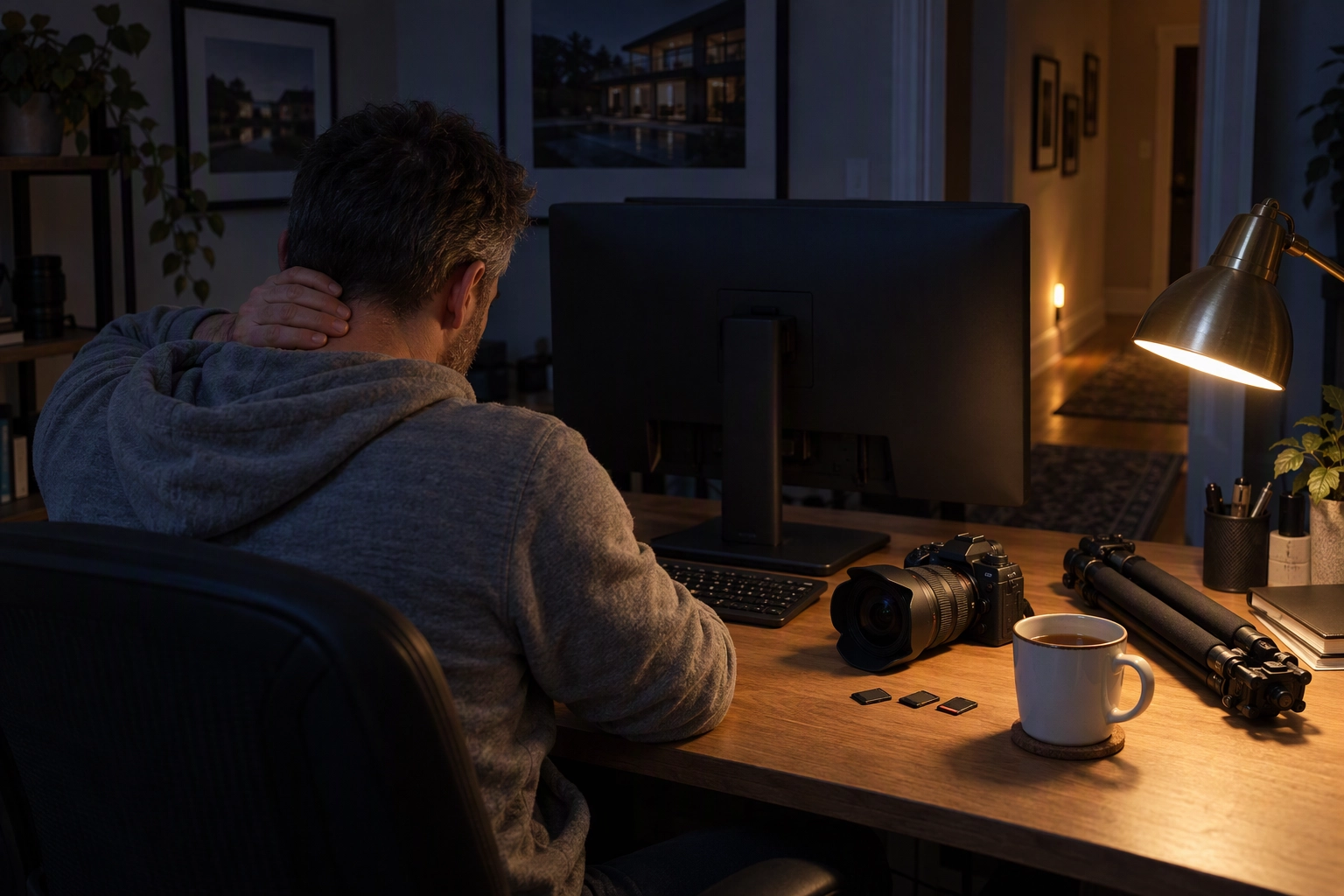 Real estate photographer at a home desk late at night after a shoot, facing the long edit-night of photo editing